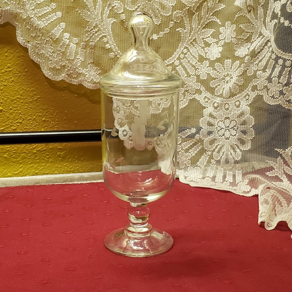 Vtg Crystal Lidded Footed Pedestal Wine Glass Floral Etched